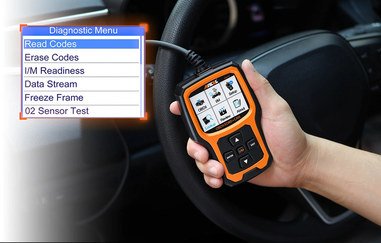 The Ancel AD410 code reader for car
diagnostic menu reads codes, erases codes, and more.